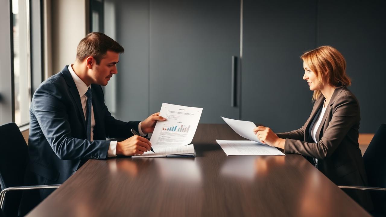 Two professionals reviewing entity structure documents at a conference table