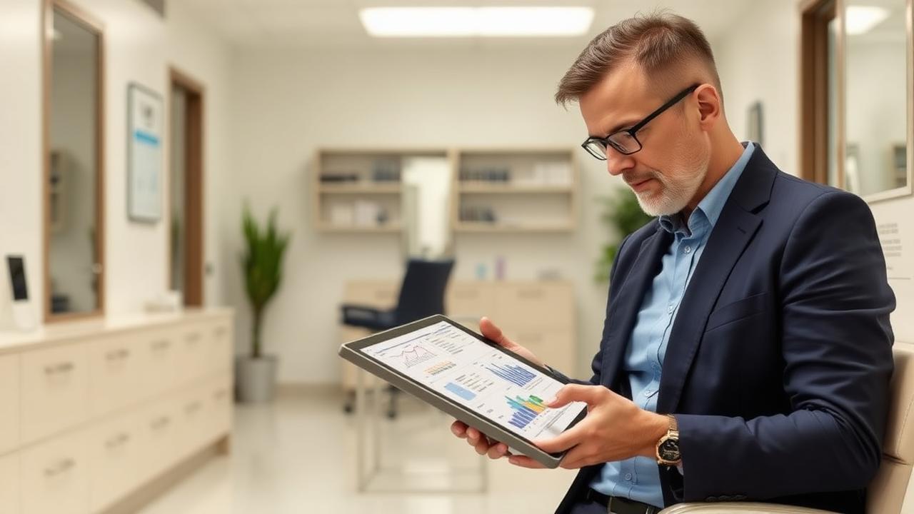 Practice manager reviewing aggregate financial reports on a tablet