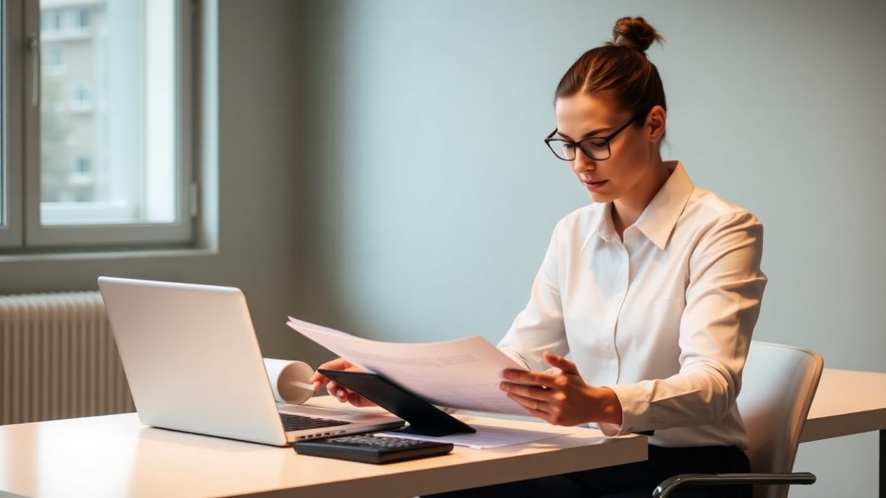 Business owner reviewing quarterly tax documents at a desk
